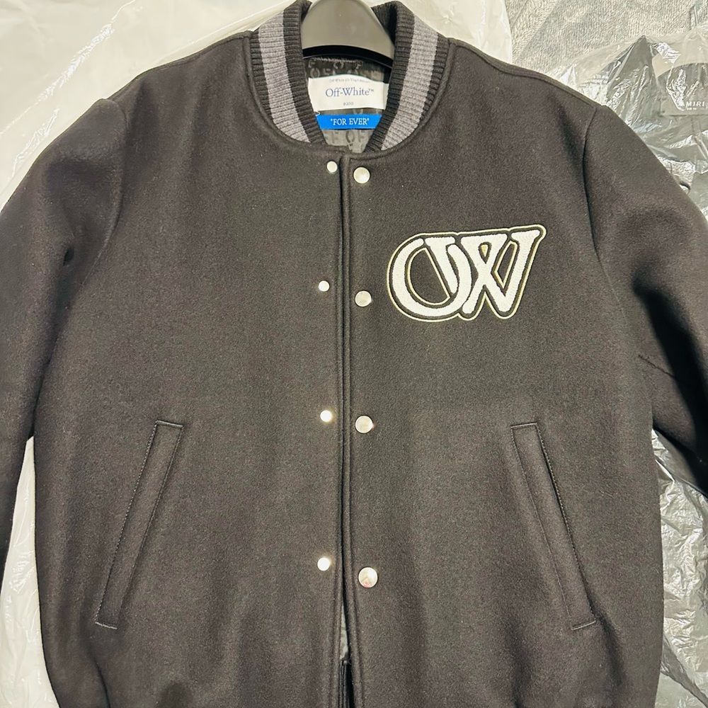 Off-White Black Bomber Jacket with Varsity Style